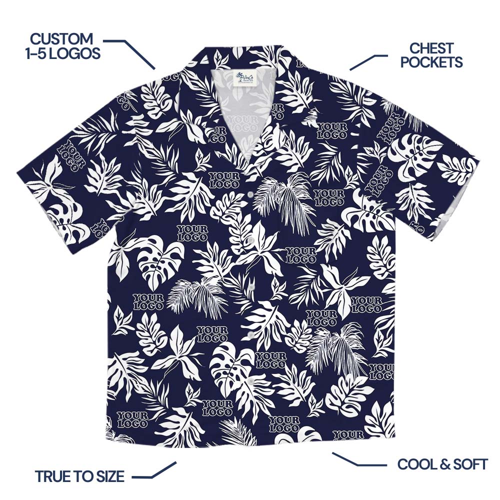 Custom Logo Black Hawaiian Shirt With Tropical Leaf Print