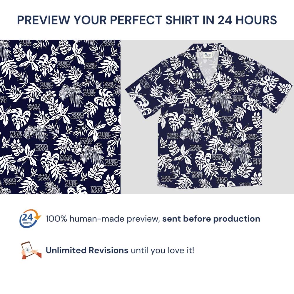 Custom Logo Black Hawaiian Shirt With Tropical Leaf Print