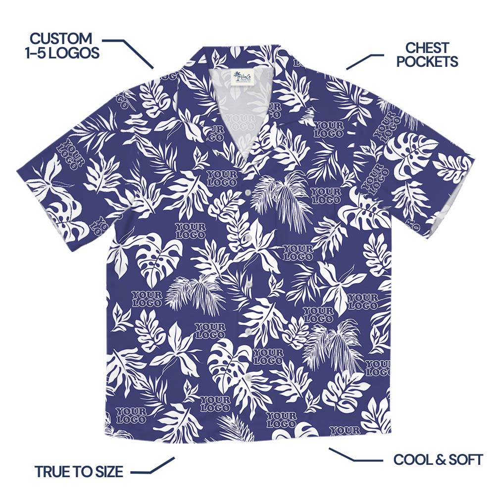 Navy Hawaiian Button Up Shirt With Custom Logo