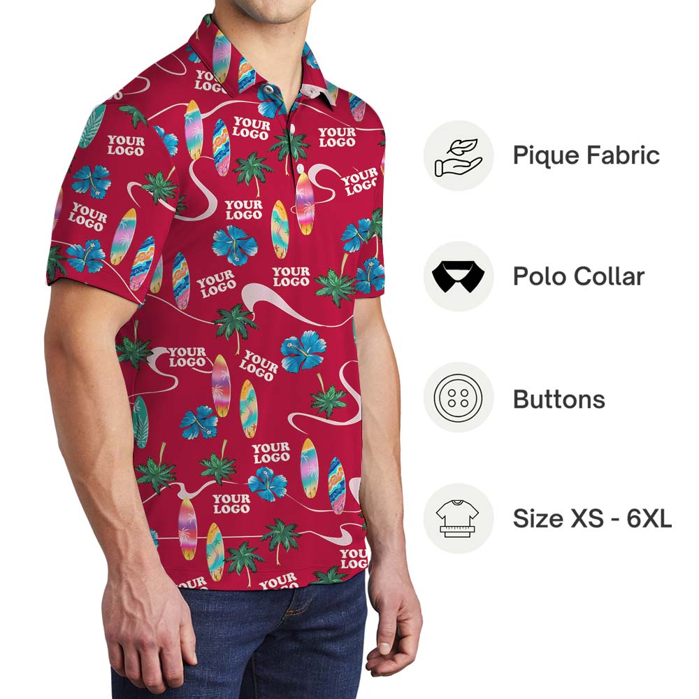 Red Beach Theme Polo Shirt With Logos