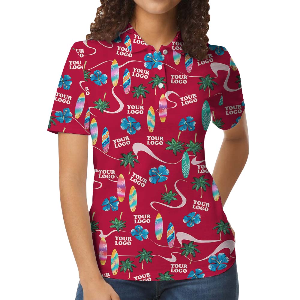 Red Beach Theme Polo Shirt With Logos