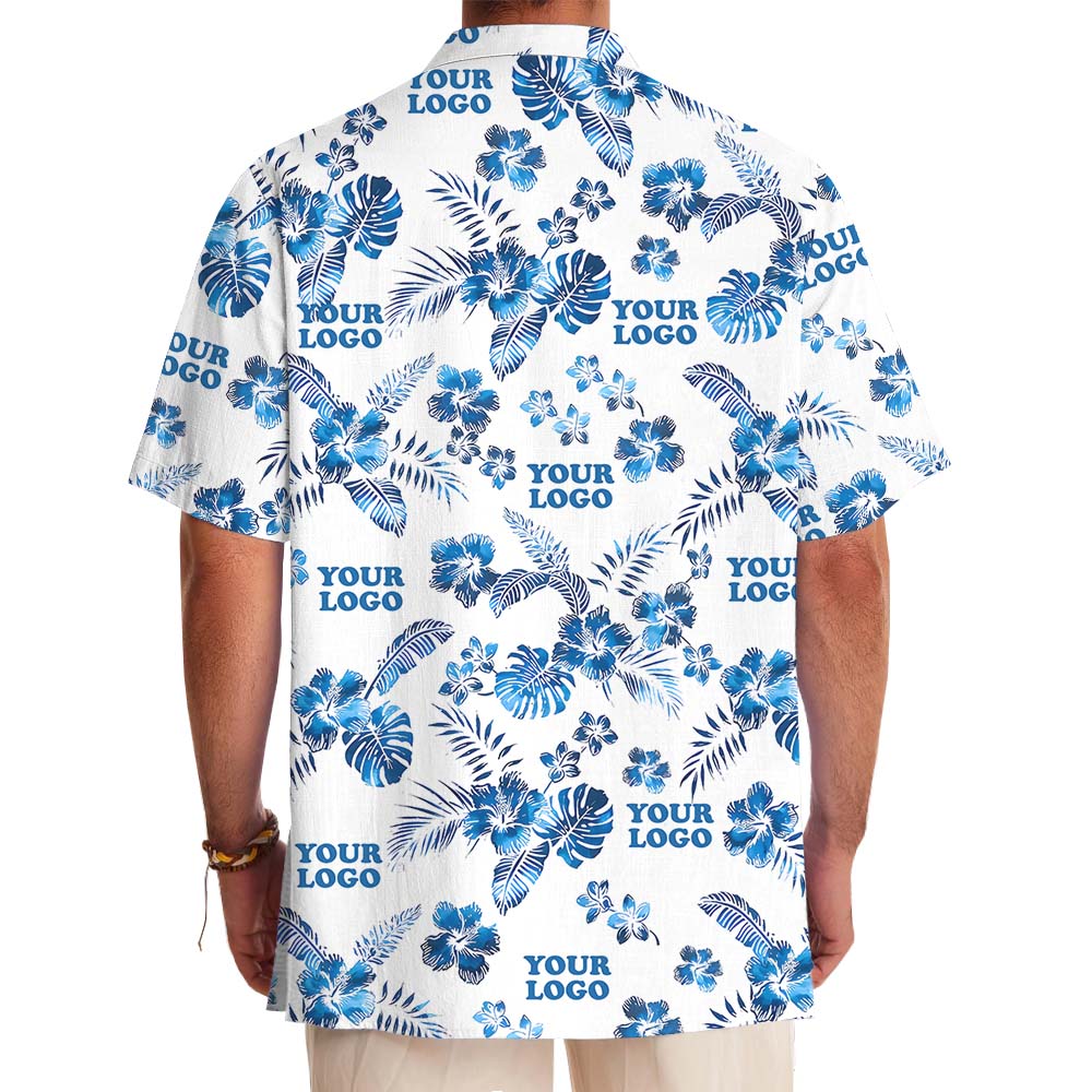 White And Blue Custom Logo Hawaiian Shirt With Preview