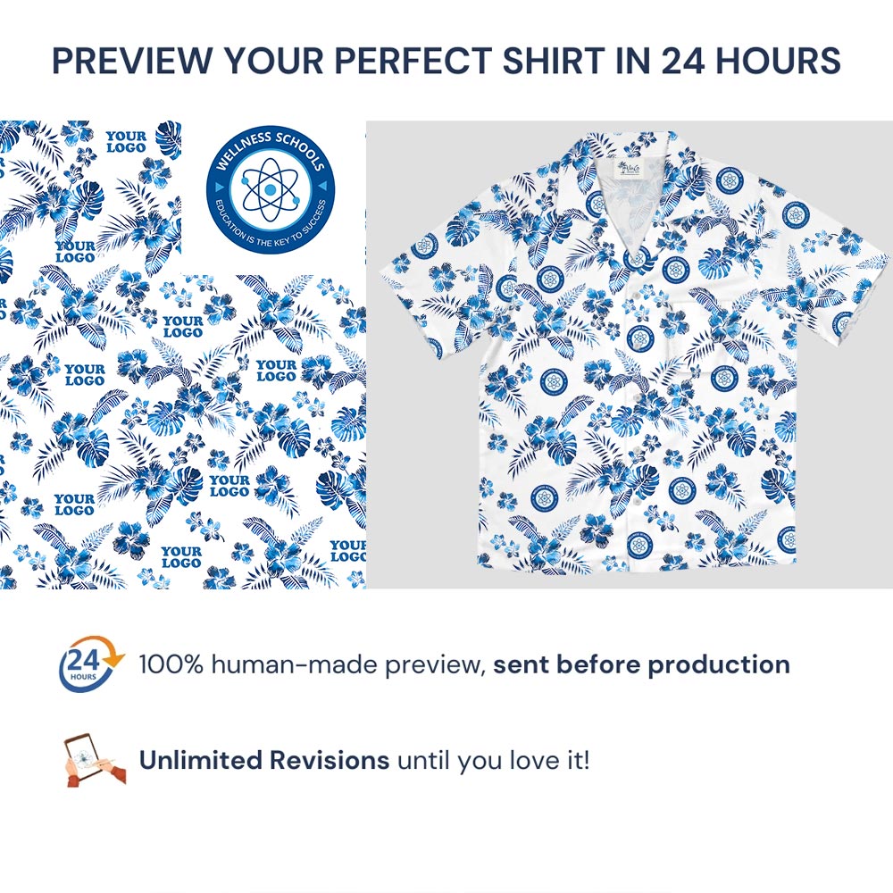 White And Blue Custom Logo Hawaiian Shirt With Preview