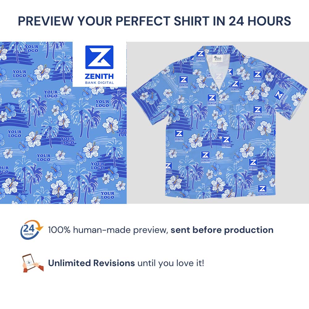 Blue Beach Palm Tree Hawaiian Shirt With Your Logo