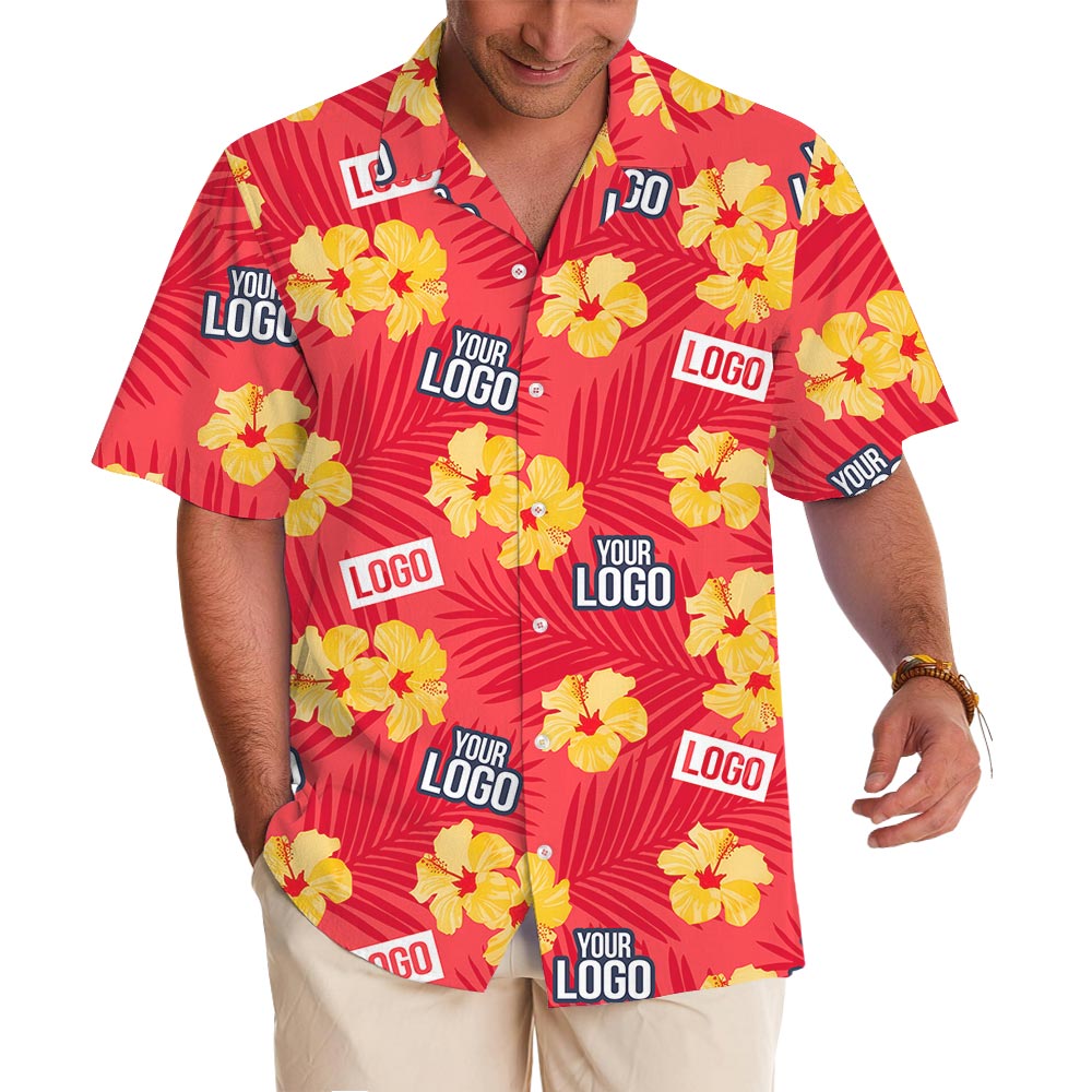 Team Logo Red Hawaiian Shirt With Hibiscus