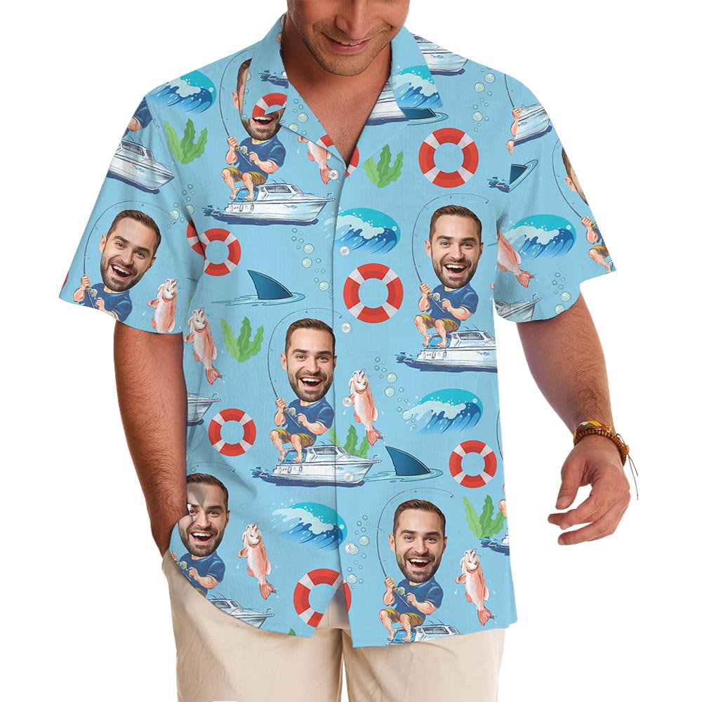 Blue Custom Face Fishing Men's Hawaiian Shirt