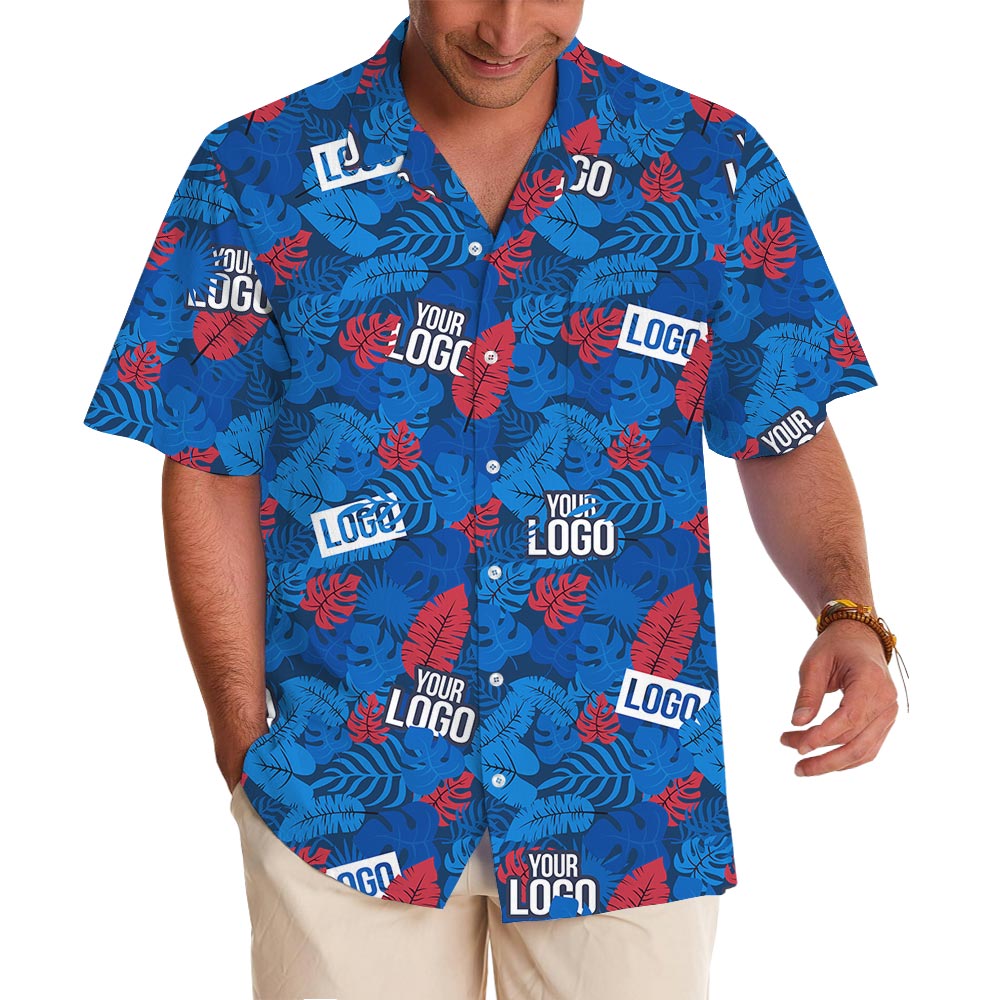 Custom Blue And Red Tropical Hawaiian Shirt With Company Logo