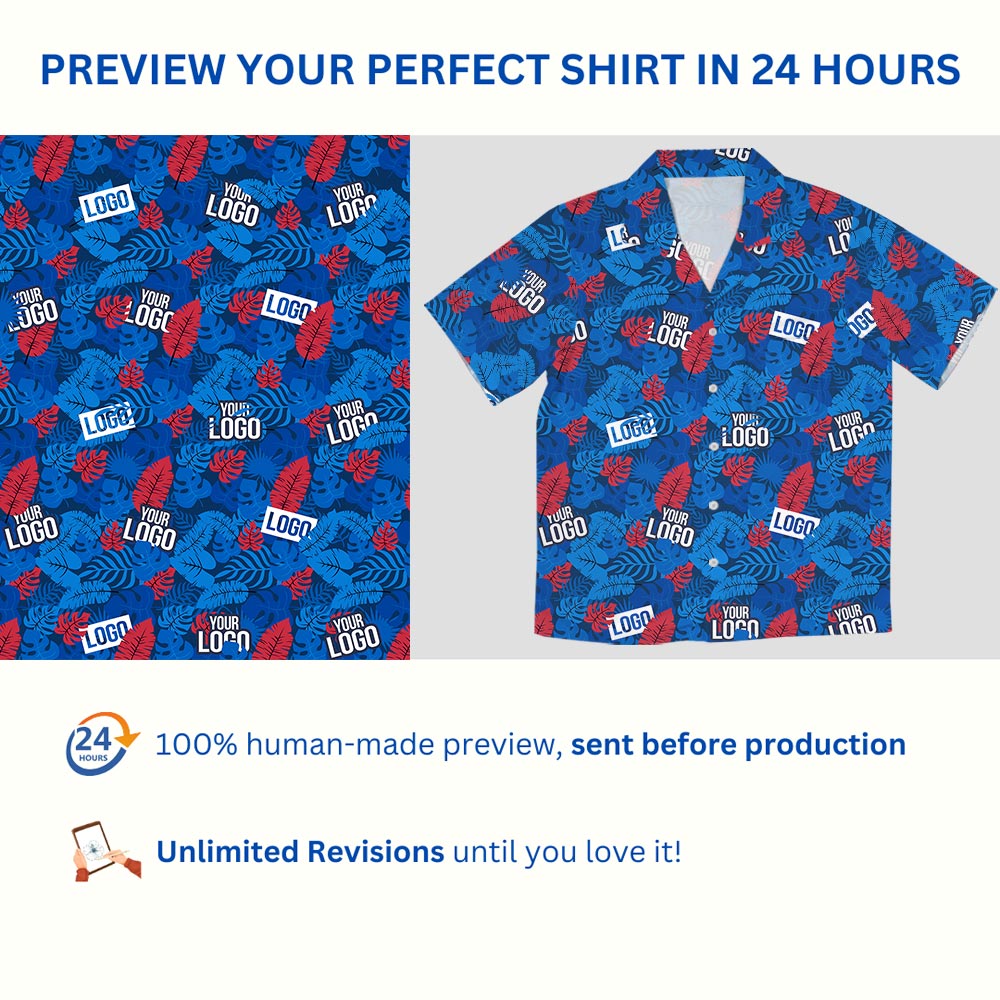 Custom Blue And Red Tropical Hawaiian Shirt With Company Logo
