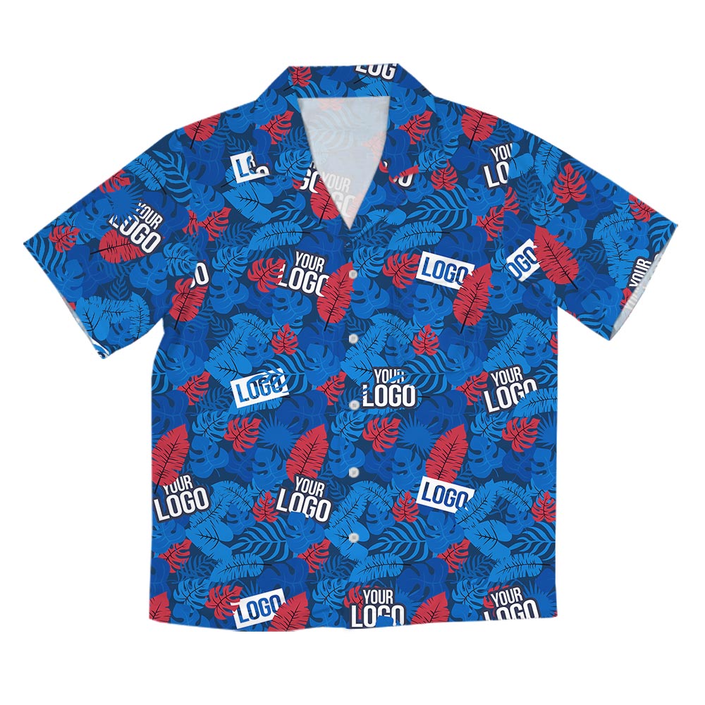 Custom Blue And Red Tropical Hawaiian Shirt With Company Logo