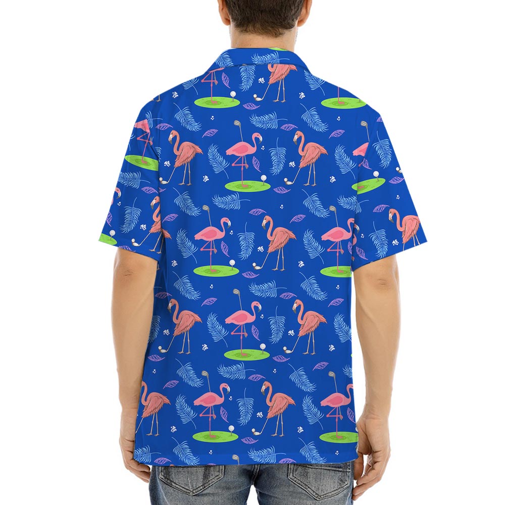 Flamingo Playing Golf Blue Hawaiian Button Shirt