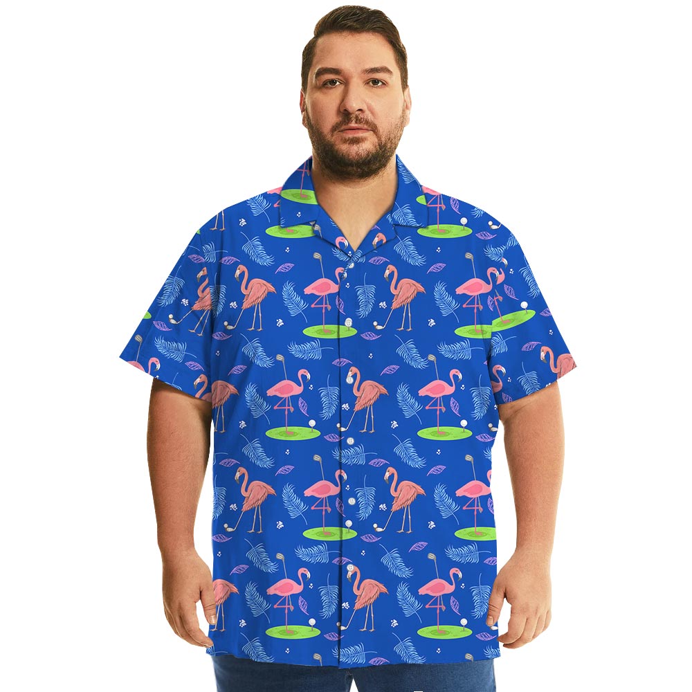 Flamingo Playing Golf Blue Hawaiian Button Shirt