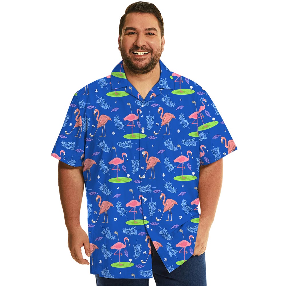 Flamingo Playing Golf Blue Hawaiian Button Shirt