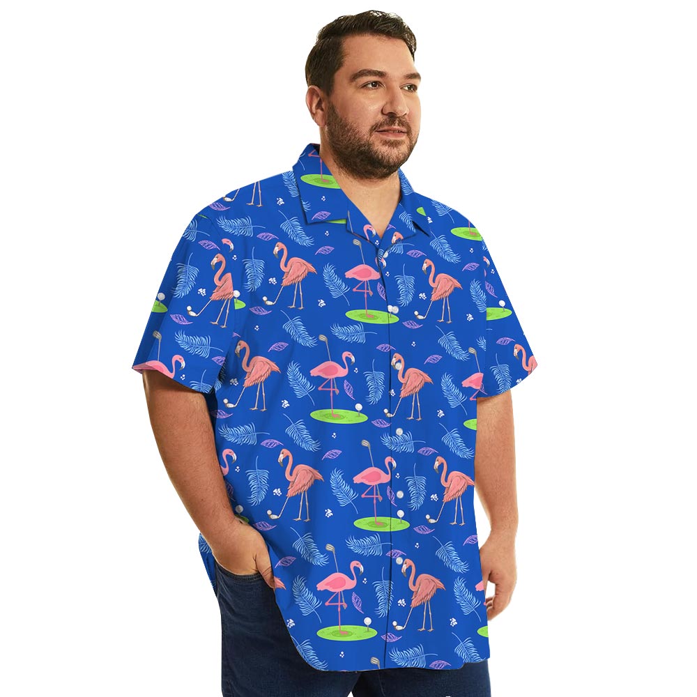 Flamingo Playing Golf Blue Hawaiian Button Shirt