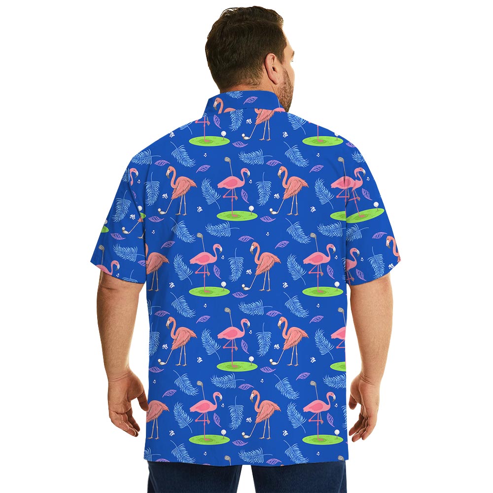 Flamingo Playing Golf Blue Hawaiian Button Shirt
