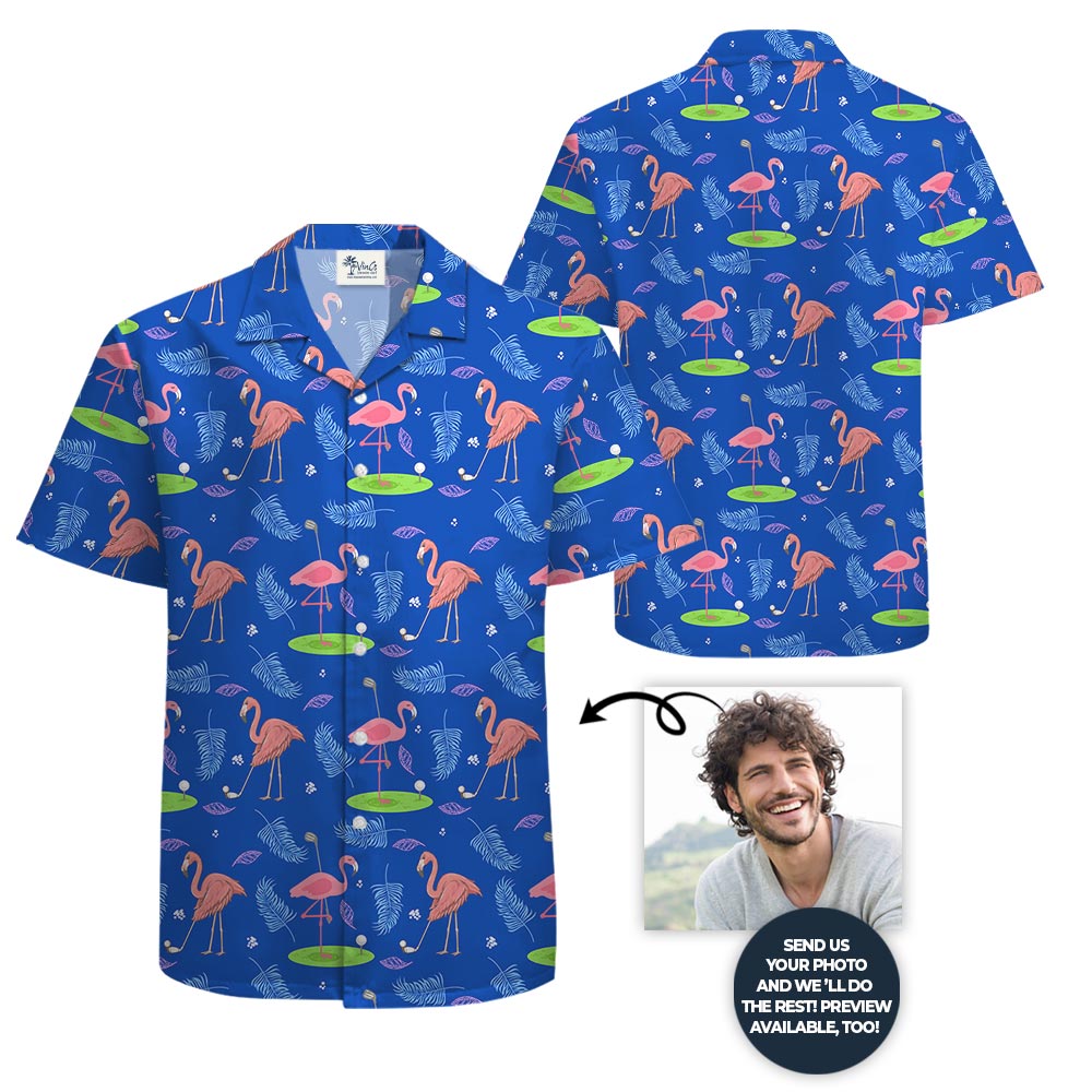 Flamingo Playing Golf Blue Hawaiian Button Shirt