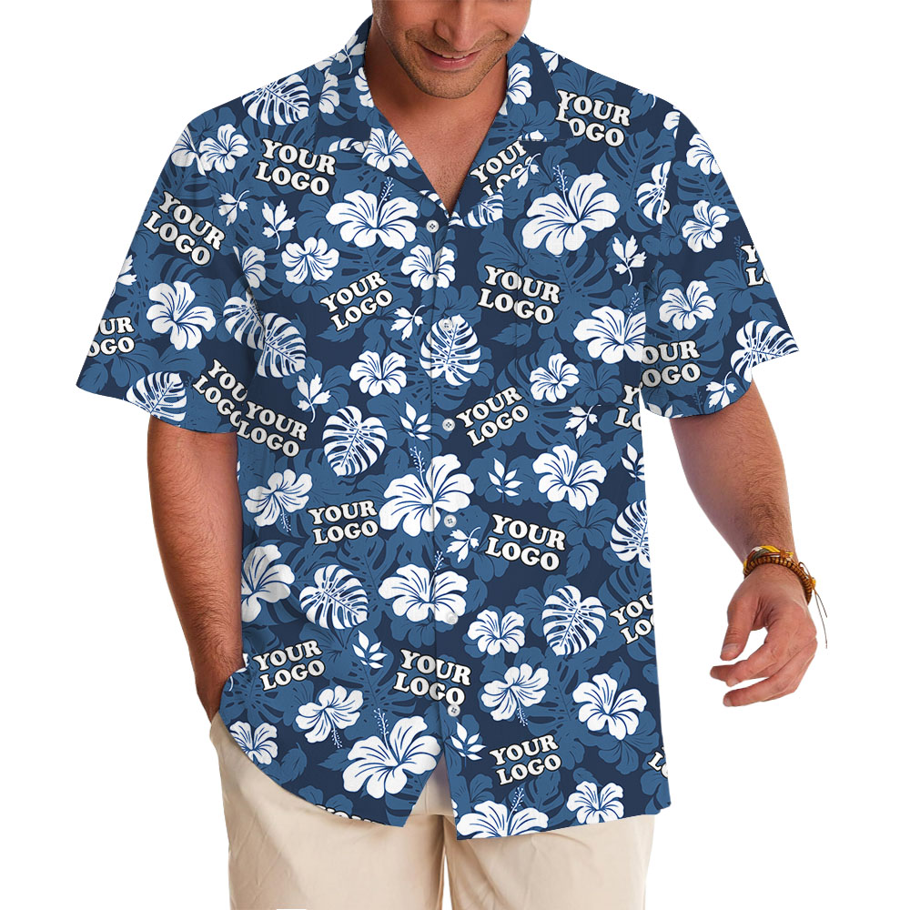 Custom Logo Blue Hawaiian Shirt With Floral Print