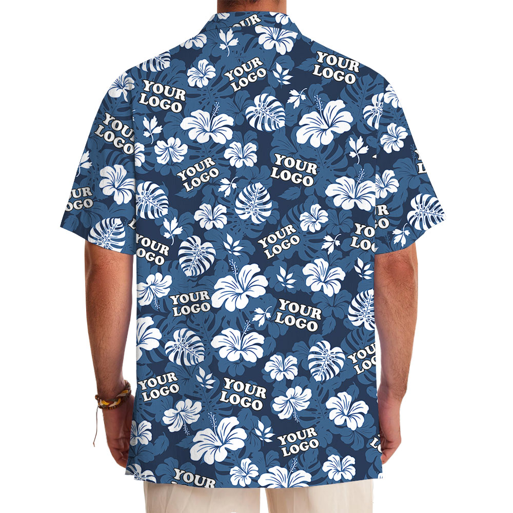 Custom Logo Blue Hawaiian Shirt With Floral Print