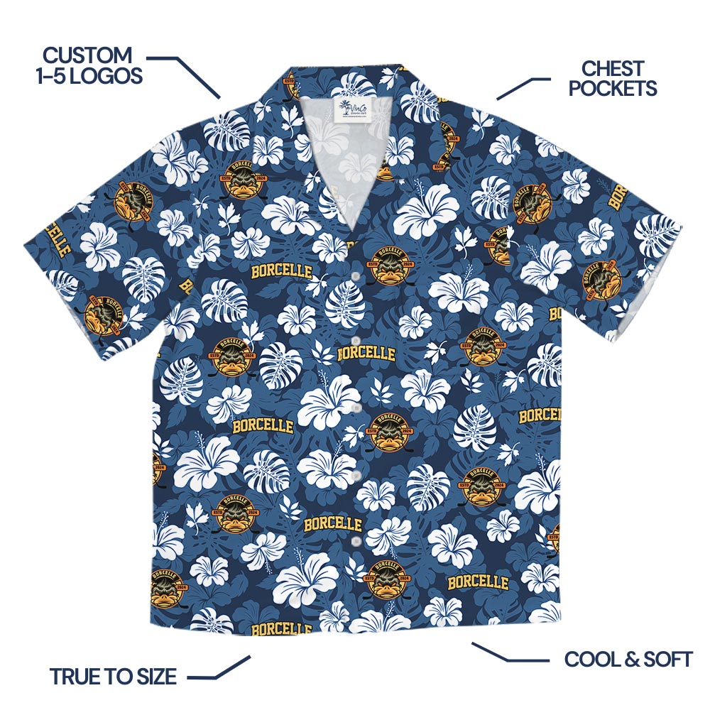 Custom Logo Blue Hawaiian Shirt With Floral Print