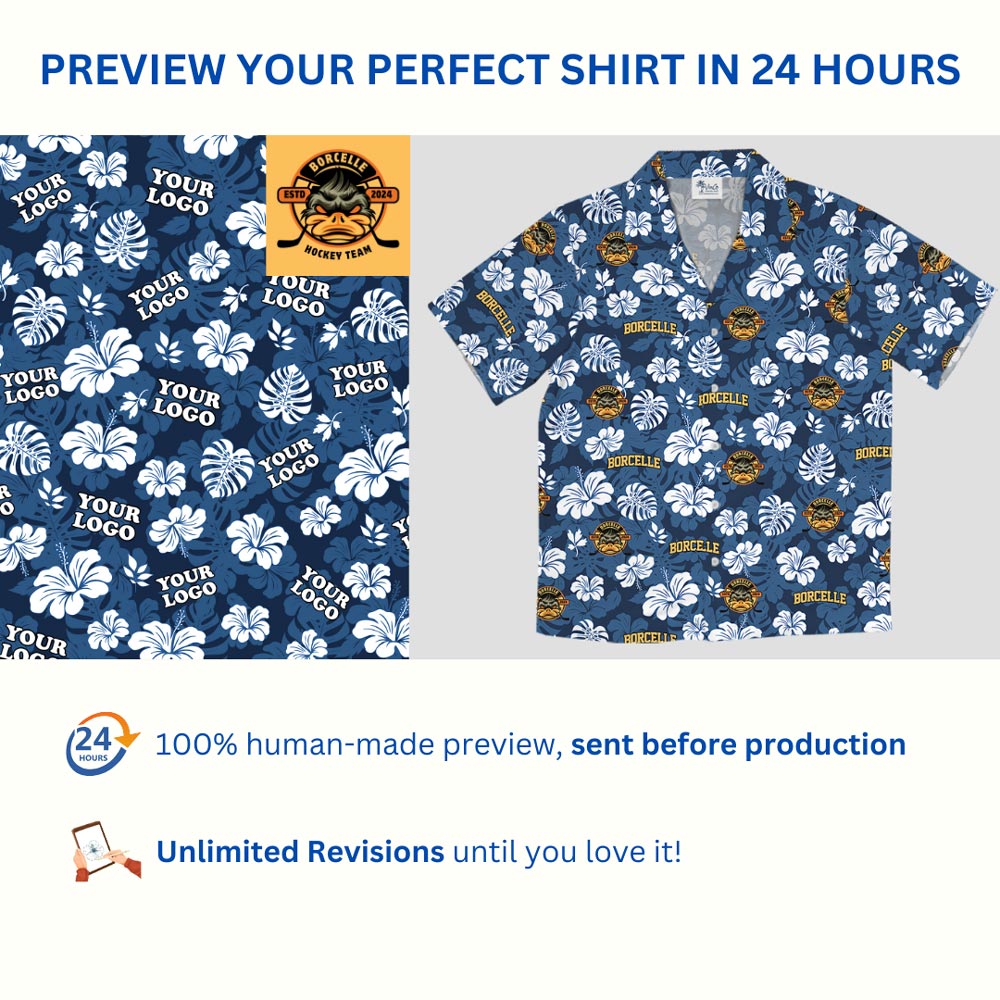 Custom Logo Blue Hawaiian Shirt With Floral Print