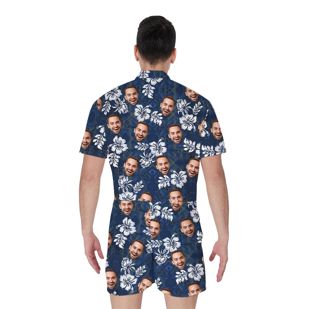 Vintage Navy Hawaiian Romper For Men With Photo