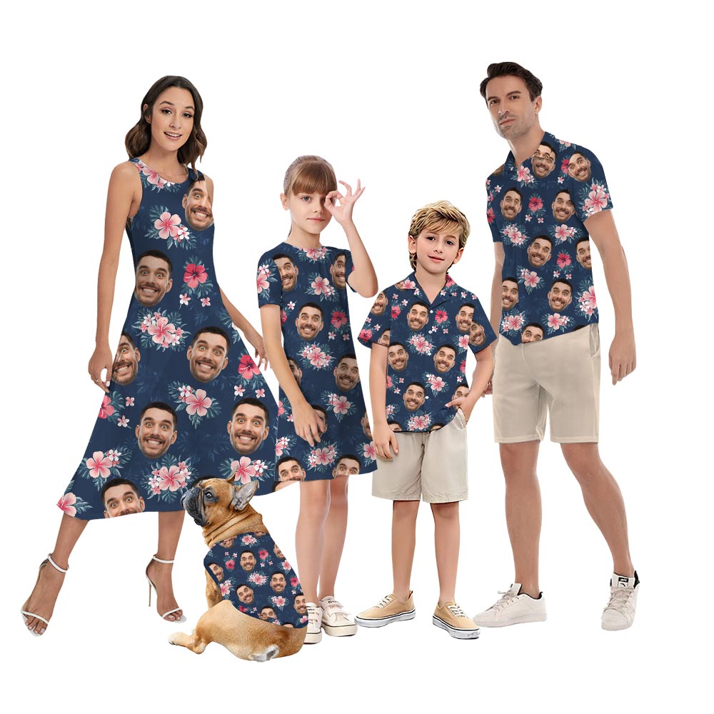 Funny Blue Floral Matching Aloha Shirt And Dress For Family - variant image 1