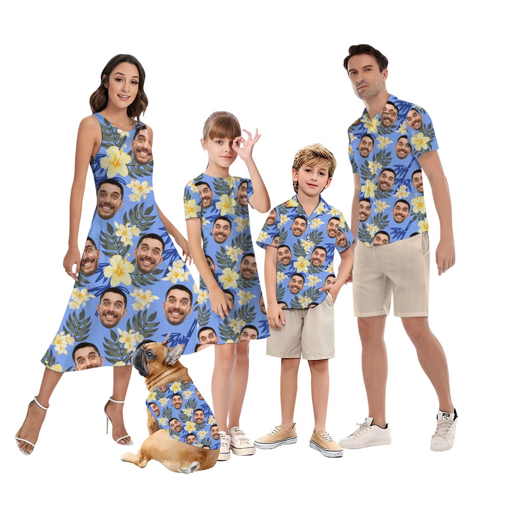 Blue Matching Family Hawaiian Shirt And Dress With Custom Face - variant image 1