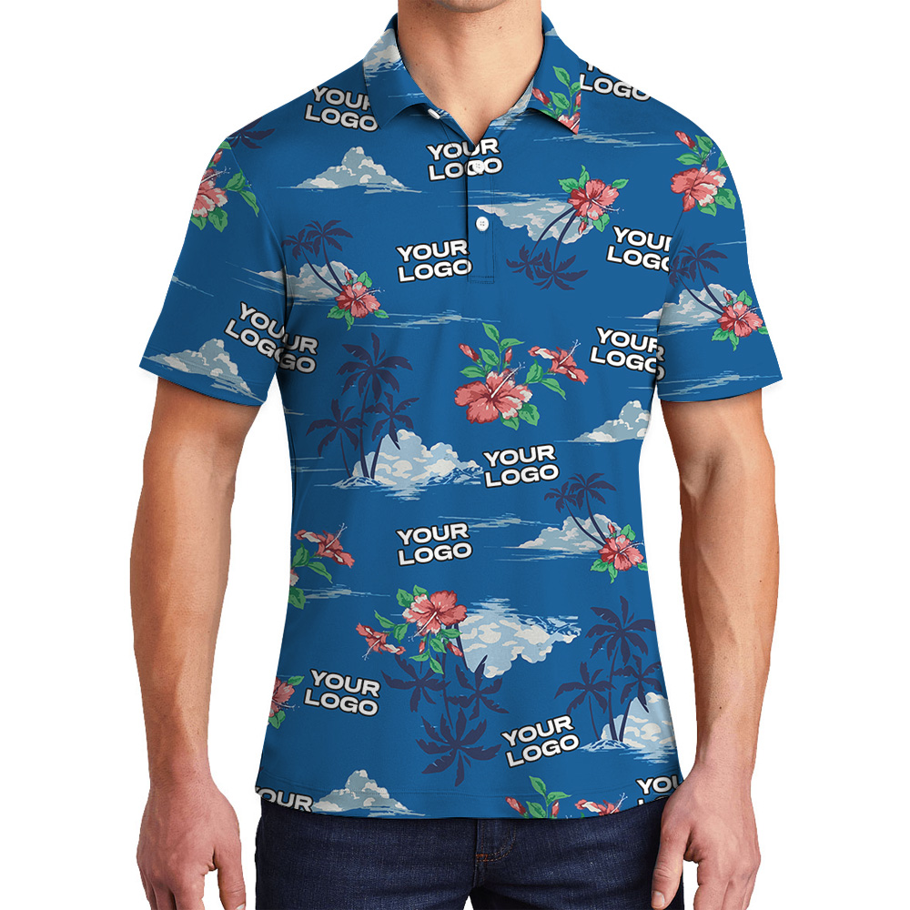 Tropical Blue Hawaiian Polo Shirt With Custom Logo - variant image 1