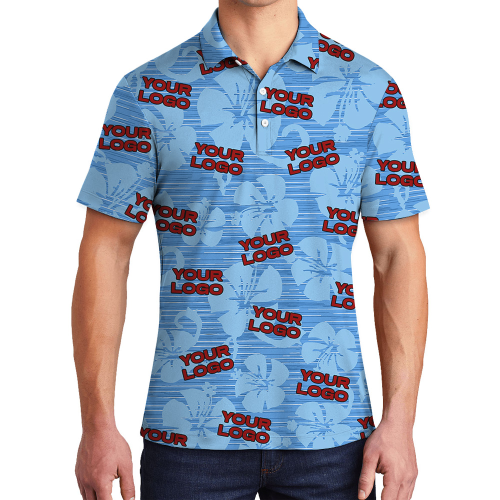 Custom 1-4 Logos Blue Hawaiian Polo Shirts - variant image 1