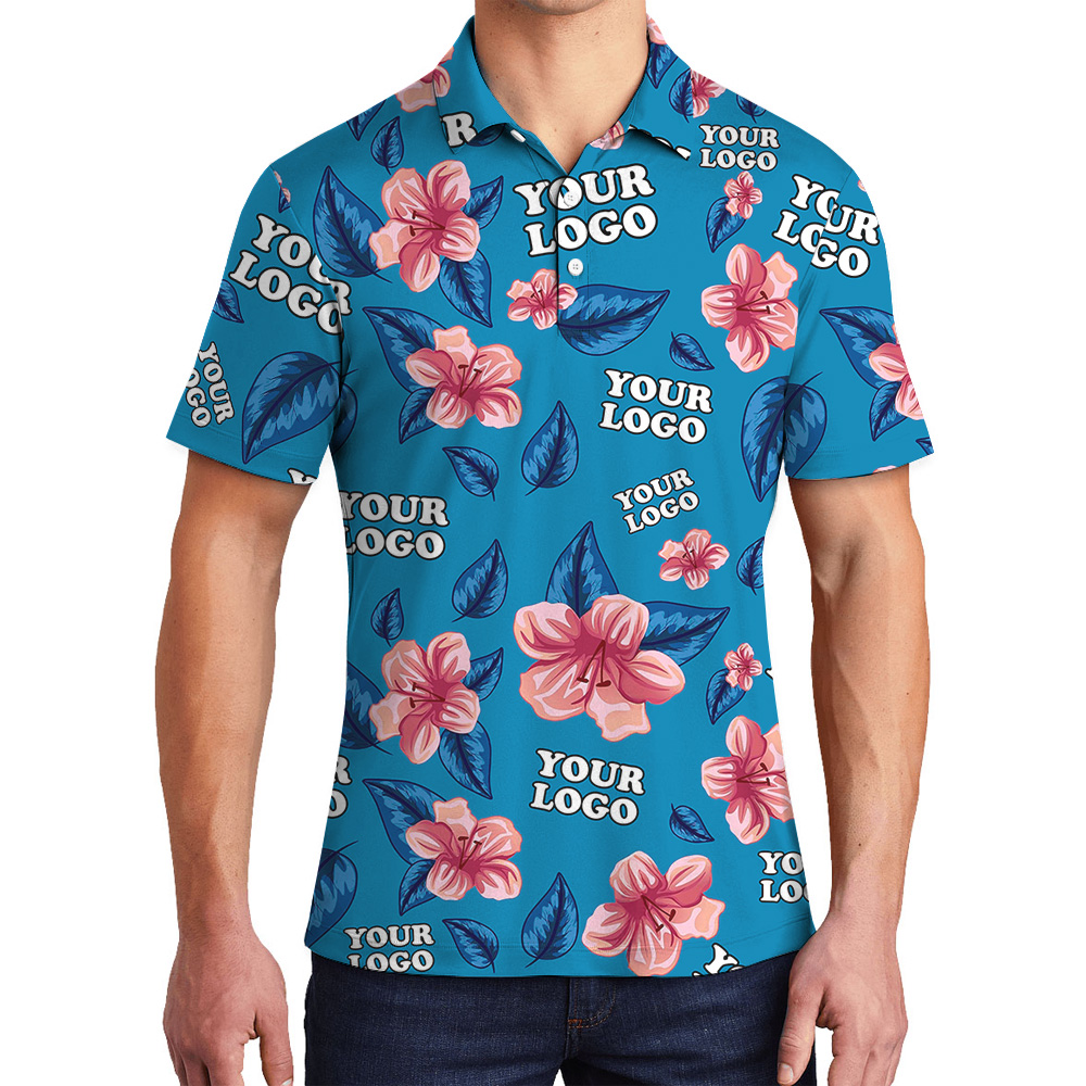 Custom 1-4 Logos Floral Blue Polo Shirt - variant image 1