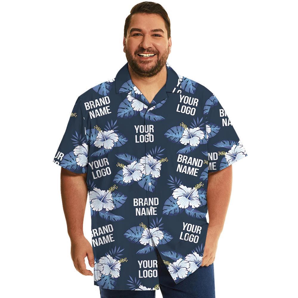 Customize Logo Navy Blue Hawaiian Shirt With Hibiscus - variant image 1