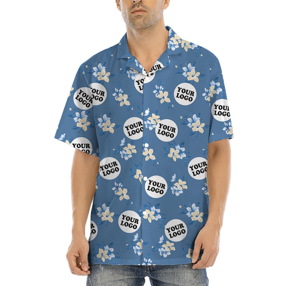 Blue Floral Personalized Team Hawaiian Shirt With Many Logos - variant image 1