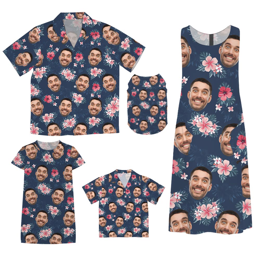 Funny Blue Floral Matching Aloha Shirt And Dress For Family