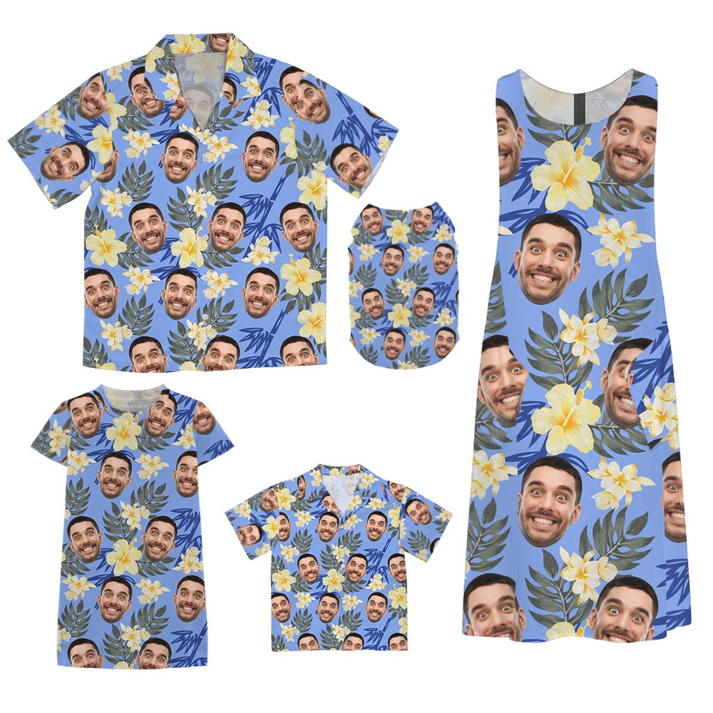 Blue Matching Family Hawaiian Shirt And Dress With Custom Face