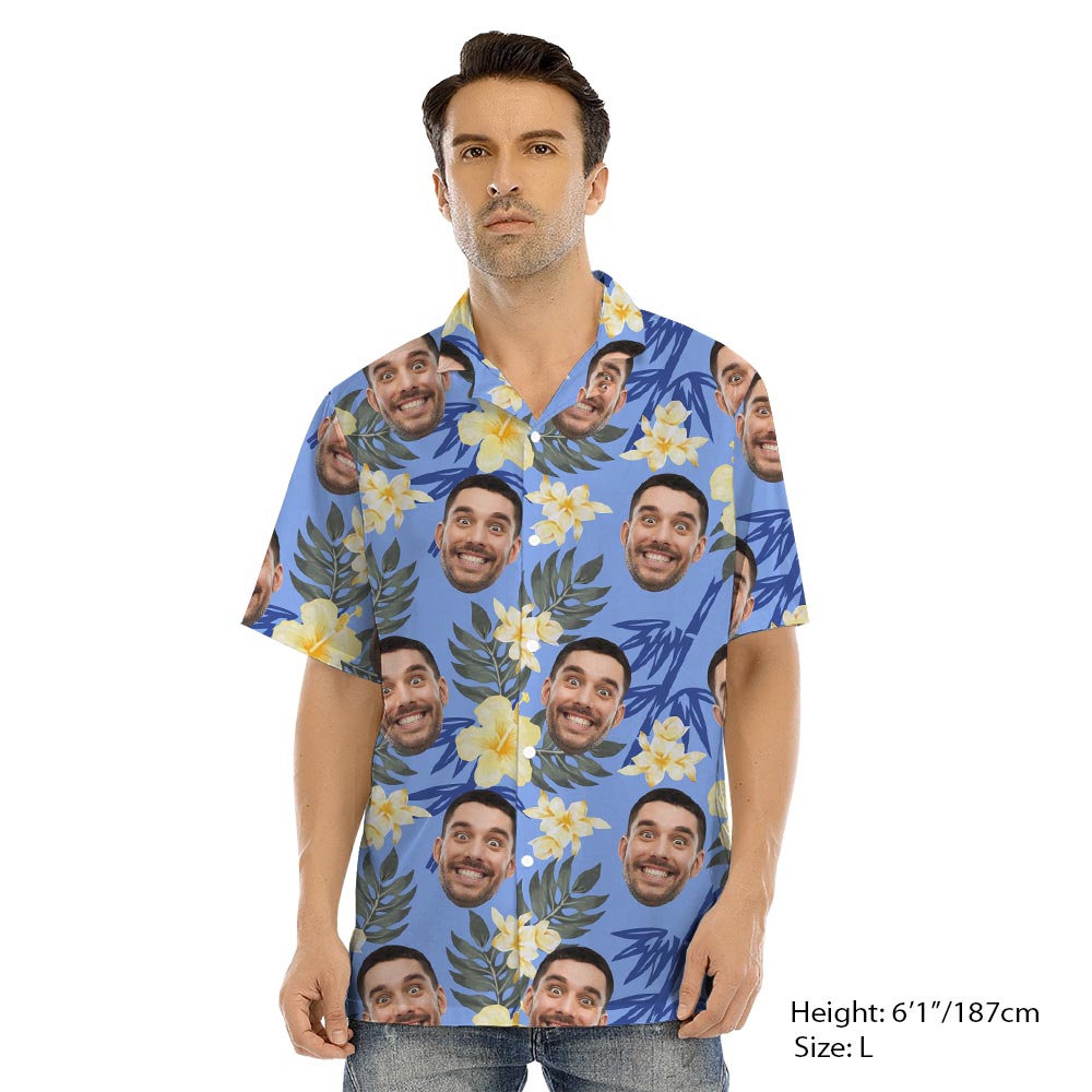 Blue Matching Family Hawaiian Shirt And Dress With Custom Face