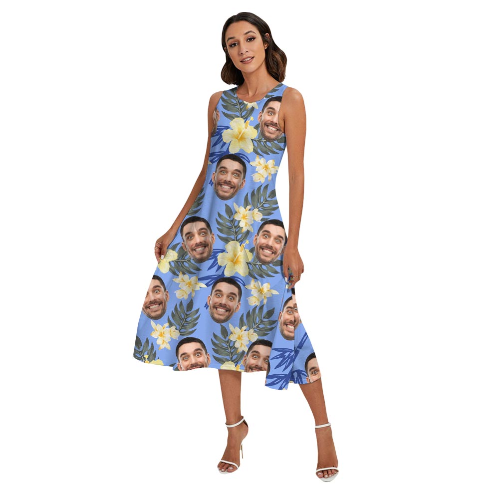 Blue Matching Family Hawaiian Shirt And Dress With Custom Face