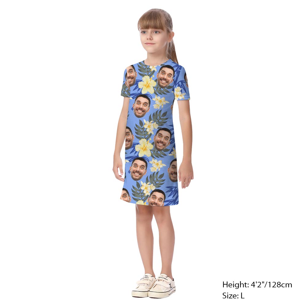 Blue Matching Family Hawaiian Shirt And Dress With Custom Face