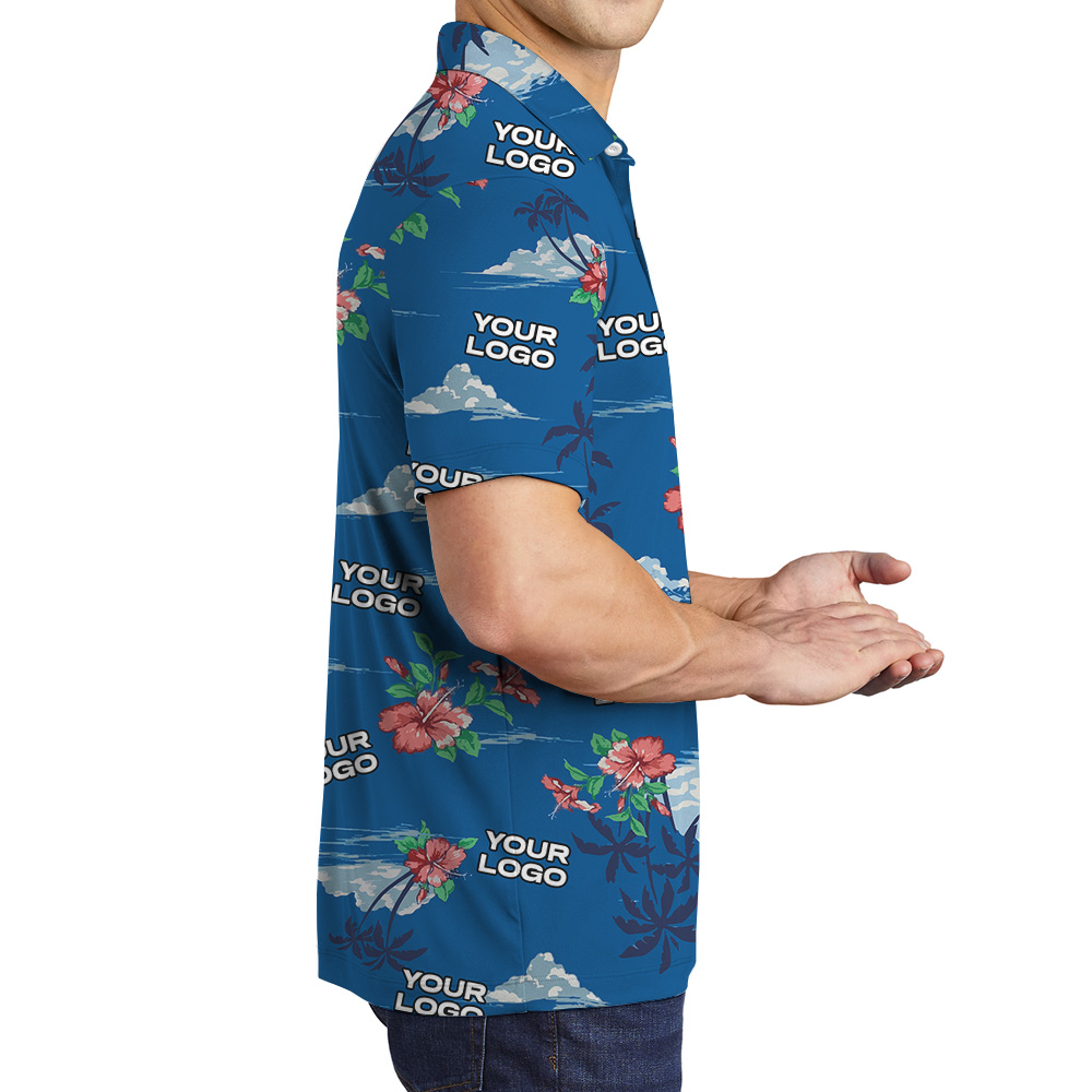 Tropical Blue Hawaiian Polo Shirt With Custom Logo