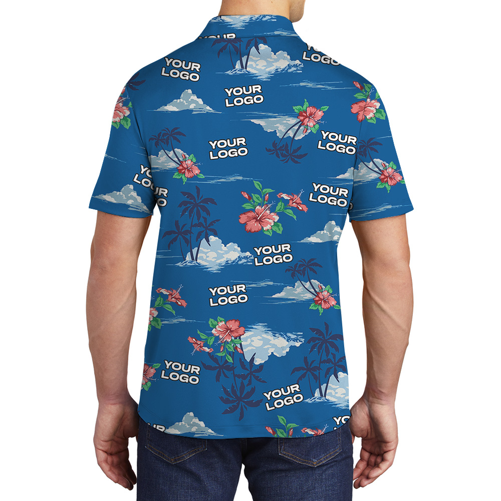 Tropical Blue Hawaiian Polo Shirt With Custom Logo