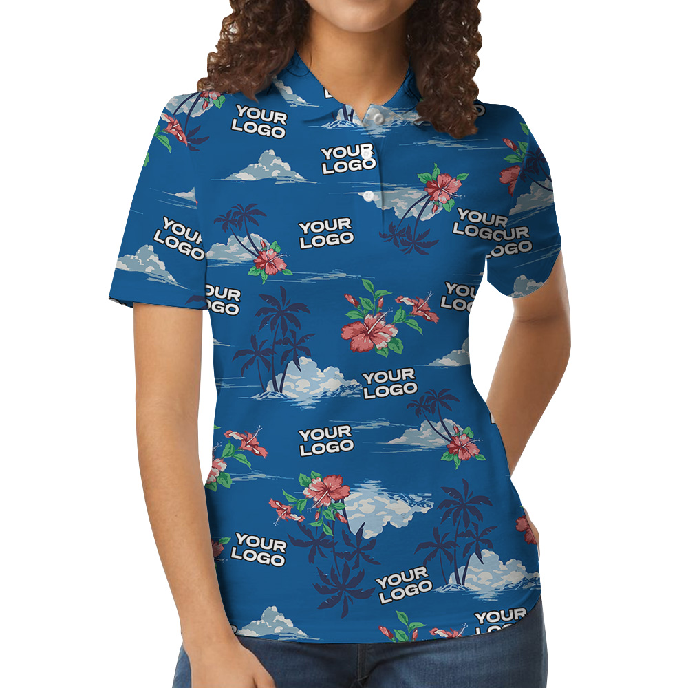 Tropical Blue Hawaiian Polo Shirt With Custom Logo