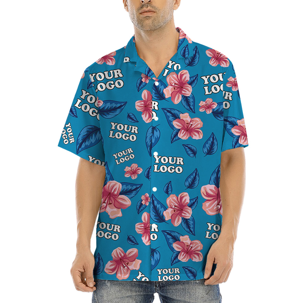 Custom Multiples Company Logo Blue Floral Hawaiian Shirt