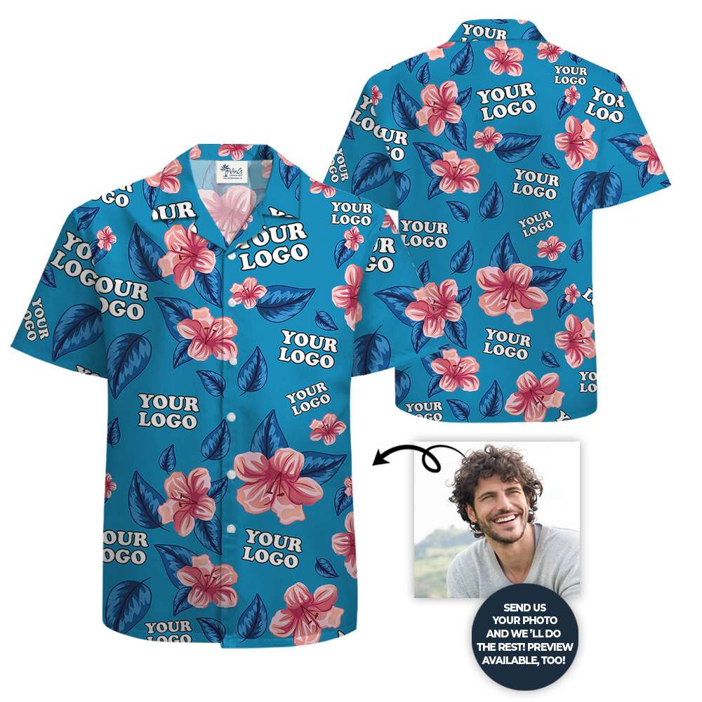 Custom Multiples Company Logo Blue Floral Hawaiian Shirt