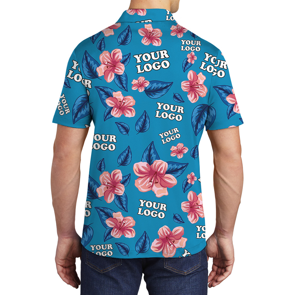 Custom 1-4 Logos Floral Blue Polo Shirt