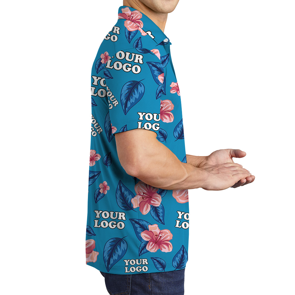 Custom 1-4 Logos Floral Blue Polo Shirt