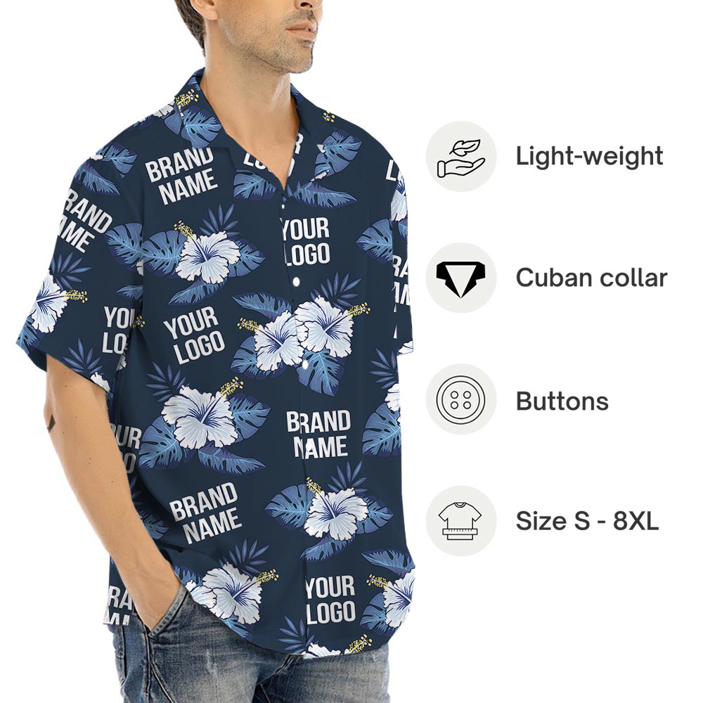 Customize Logo Navy Blue Hawaiian Shirt With Hibiscus
