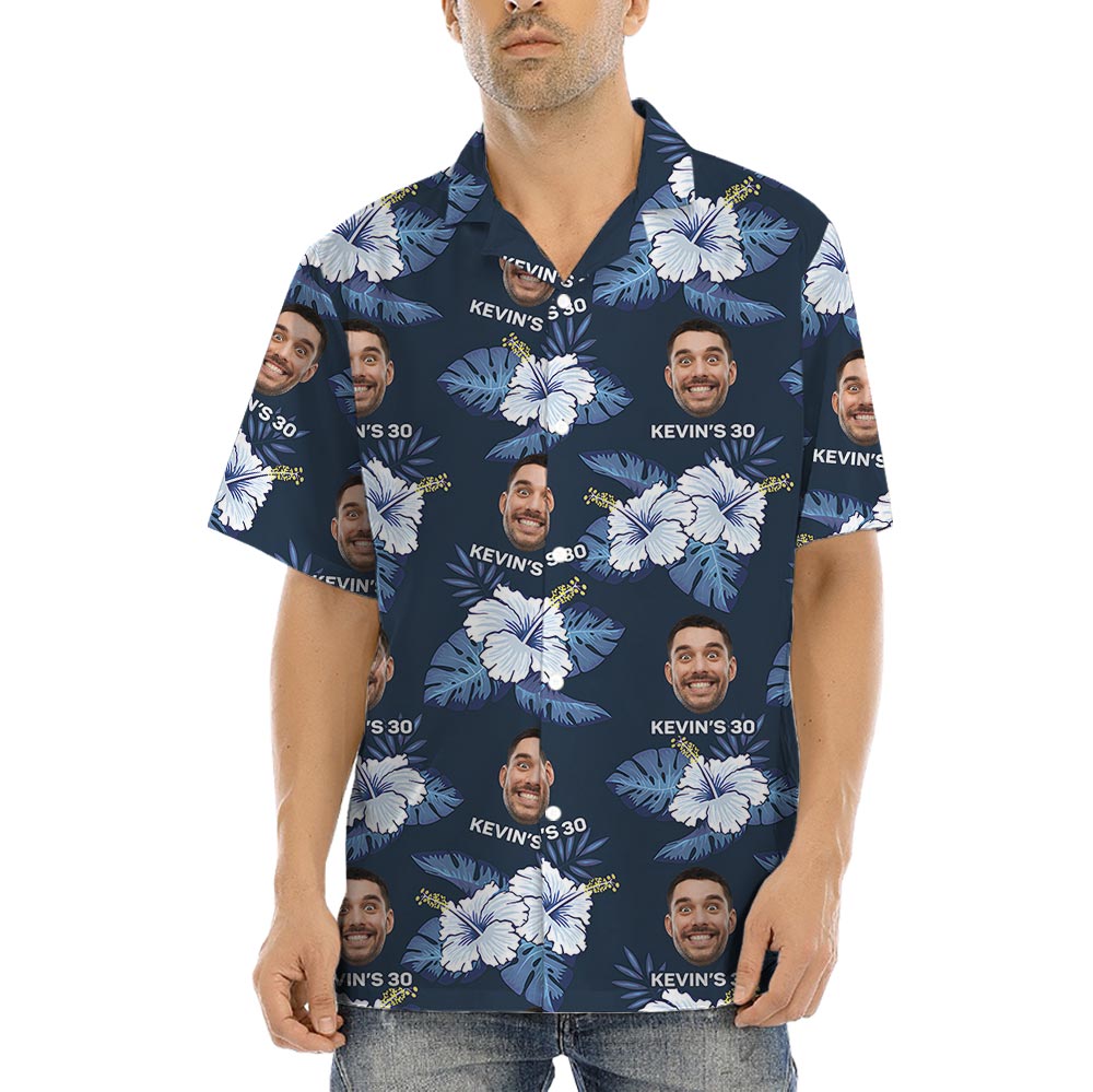 Customize Logo Navy Blue Hawaiian Shirt With Hibiscus