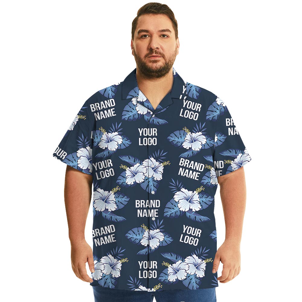 Customize Logo Navy Blue Hawaiian Shirt With Hibiscus