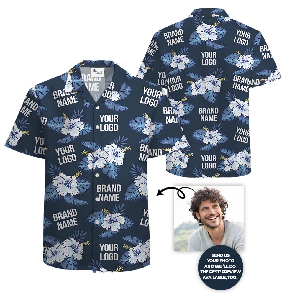 Customize Logo Navy Blue Hawaiian Shirt With Hibiscus