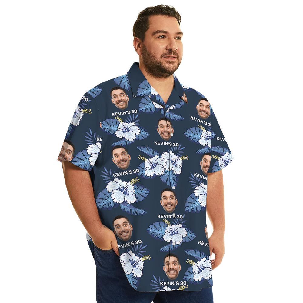 Customize Logo Navy Blue Hawaiian Shirt With Hibiscus
