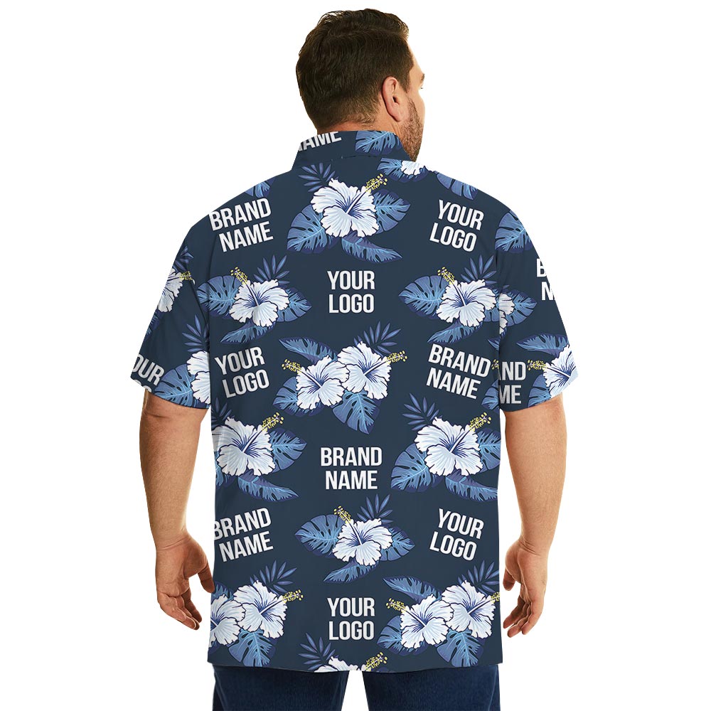 Customize Logo Navy Blue Hawaiian Shirt With Hibiscus