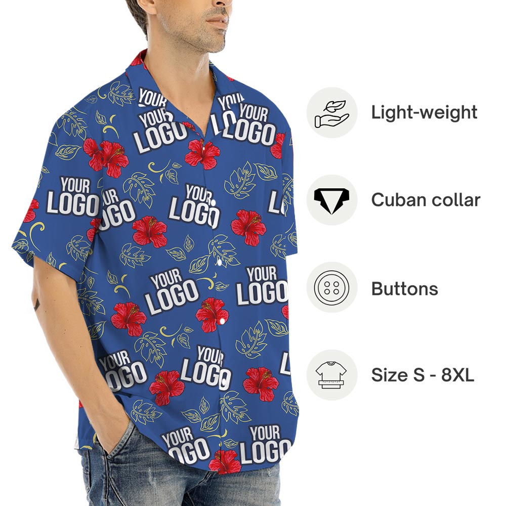 Blue Hibiscus Men's Hawaiian Shirt With Company Logo